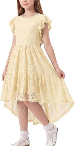 Noomelfish Girls Lace High Low Boho Dress Short Sleeve Western Party Formal Maxi Dresses (5-12 Years) in Saudi Arabia