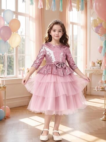 Flower Girl Dresses Sequin Lace Girls Party Dress Half Sleeve Princess Pageant Sparkle Tulle Birthday Ball Gown in Saudi Arabia