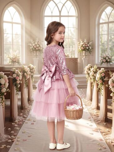 Flower Girl Dresses Sequin Lace Girls Party Dress Half Sleeve Princess Pageant Sparkle Tulle Birthday Ball Gown in Saudi Arabia
