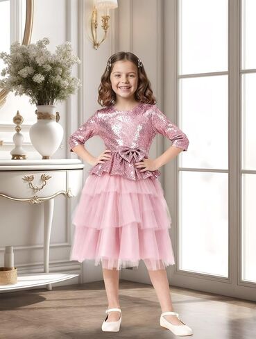 Flower Girl Dresses Sequin Lace Girls Party Dress Half Sleeve Princess Pageant Sparkle Tulle Birthday Ball Gown in Saudi Arabia