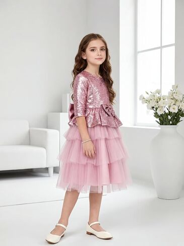 Flower Girl Dresses Sequin Lace Girls Party Dress Half Sleeve Princess Pageant Sparkle Tulle Birthday Ball Gown in Saudi Arabia