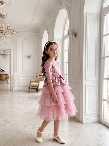 Flower Girl Dresses Sequin Lace Girls Party Dress Half Sleeve Princess Pageant Sparkle Tulle Birthday Ball Gown in Saudi Arabia