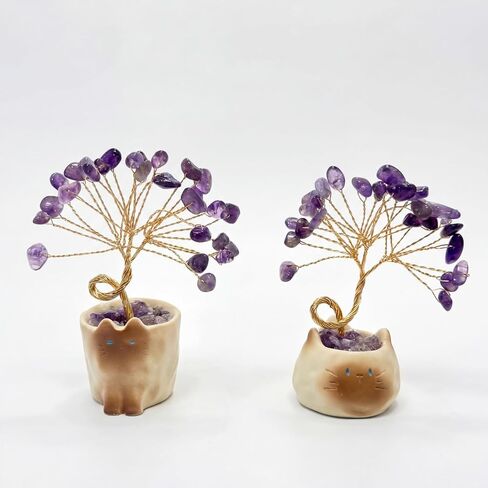 2 Pcs Amethyst Crystal Tree of Life with Ceramic Cat Pot, Purple Money Fengshui Trees of Life Gifts for Women Healing Stones Money Tree Kitten Lucky Figurine Crystal Cat Desk Home Decor in Saudi Arabia