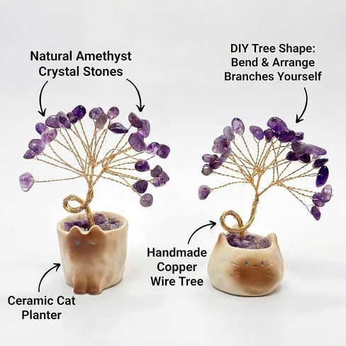 2 Pcs Amethyst Crystal Tree of Life with Ceramic Cat Pot, Purple Money Fengshui Trees of Life Gifts for Women Healing Stones Money Tree Kitten Lucky Figurine Crystal Cat Desk Home Decor in Saudi Arabia