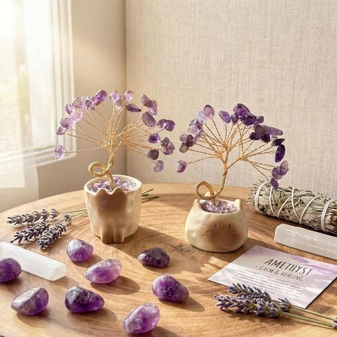 2 Pcs Amethyst Crystal Tree of Life with Ceramic Cat Pot, Purple Money Fengshui Trees of Life Gifts for Women Healing Stones Money Tree Kitten Lucky Figurine Crystal Cat Desk Home Decor in Saudi Arabia