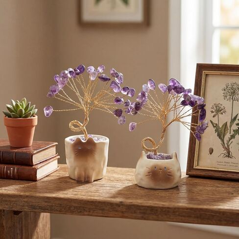 2 Pcs Amethyst Crystal Tree of Life with Ceramic Cat Pot, Purple Money Fengshui Trees of Life Gifts for Women Healing Stones Money Tree Kitten Lucky Figurine Crystal Cat Desk Home Decor in Saudi Arabia