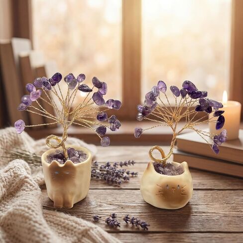 2 Pcs Amethyst Crystal Tree of Life with Ceramic Cat Pot, Purple Money Fengshui Trees of Life Gifts for Women Healing Stones Money Tree Kitten Lucky Figurine Crystal Cat Desk Home Decor in Saudi Arabia
