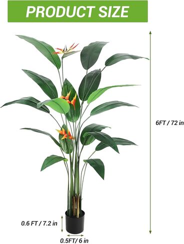 6FT Artificial Bird of Paradise Plant, Realistic Faux Palm Tree with 14 Trunk Leaves and 3 Flowers, Silk Floor Plant for Indoor/Outdoor Home, Office, Living Room Decor, Housewarming Gift, 1 Pack in Saudi Arabia
