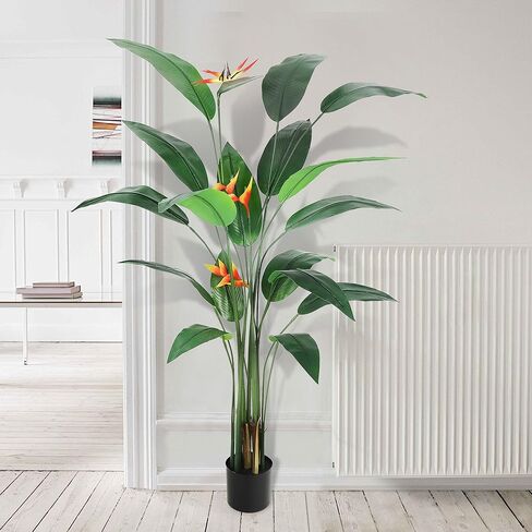 6FT Artificial Bird of Paradise Plant, Realistic Faux Palm Tree with 14 Trunk Leaves and 3 Flowers, Silk Floor Plant for Indoor/Outdoor Home, Office, Living Room Decor, Housewarming Gift, 1 Pack in Saudi Arabia