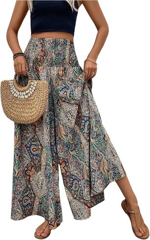 MakeMeChic Women's Boho Palazzo Pants Summer Beach High Waisted Paisley Wide Leg Flowy Trousers in Kuwait