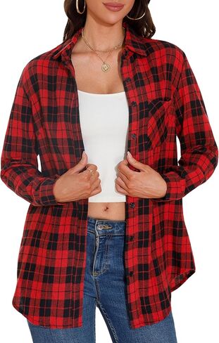 GUANYY Womens Plaid Shirts Button Down Flannel Shirts Long Sleeve Lightweight Shackets Business Casual Blouse in Kuwait