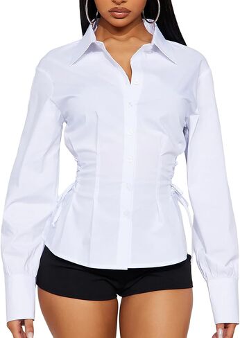 SUNNOW Women's Button Down Shirt with Side Tie Contoured Tucked Waist Blouse in Saudi Arabia
