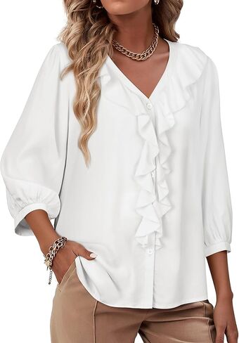 Womens Boho Ruffle V-Neck Blouse 3/4 Puff Sleeve Button Down Tops Business Casual Flowy Office Shirts in Kuwait