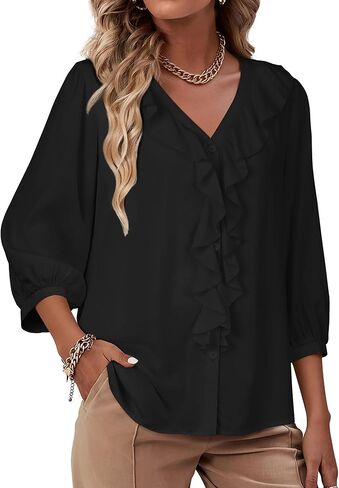 Womens Boho Ruffle V-Neck Blouse 3/4 Puff Sleeve Button Down Tops Business Casual Flowy Office Shirts in Kuwait