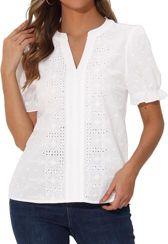 بلوزة Allegra K Eyelet للنساء صيفية برقبة على شكل V وأكمام قصيرة منتفخة كاجوال من القطن in Saudi Arabia