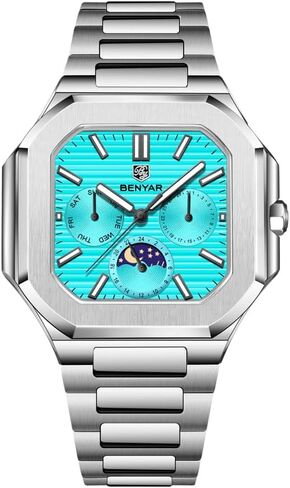 BENYAR Men's Chronograph Watch, Quartz Movement 37mm Stainless Steel Moon Phase Luminous Calendar Waterproof Sports Casual Business Dress Watch, Men's Gift in Saudi Arabia