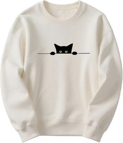 Women's Crewneck Sweatshirt with Playful Peeking Cat Graphic - Casual Long Sleeve Top for Everyday Wear in Saudi Arabia