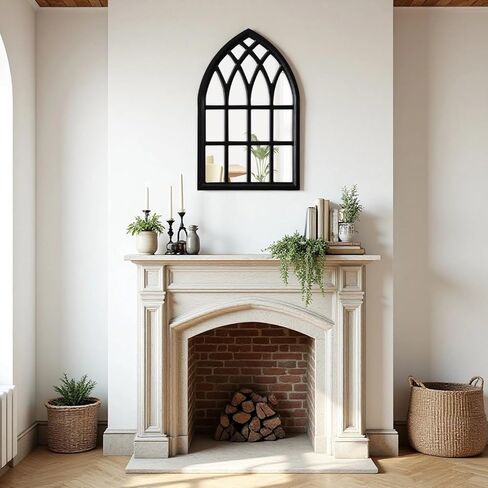 Vintage Cathedral Mirror 20 X 32 Inch, Hanging Farmhouse Black Arched Window Mirrors for Wall Decor, Wood Frame Gothic Windowpane Mirrors for Living Room Hallway Bedroom Halloween in Saudi Arabia