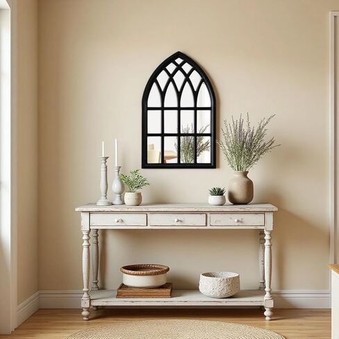 Vintage Cathedral Mirror 20 X 32 Inch, Hanging Farmhouse Black Arched Window Mirrors for Wall Decor, Wood Frame Gothic Windowpane Mirrors for Living Room Hallway Bedroom Halloween in Saudi Arabia