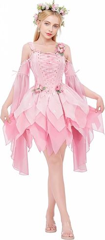 Women Flower Fairy Elf Costume Set Pink Ren Faire Dress Medieval Renaissance Costume in Saudi Arabia