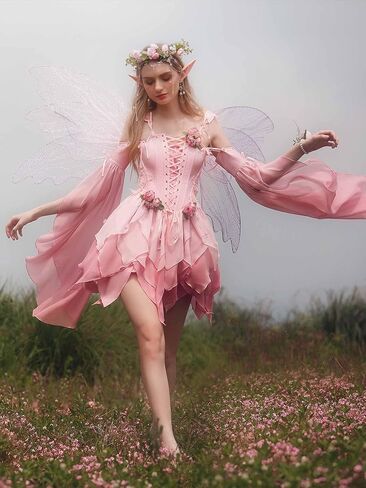Women Flower Fairy Elf Costume Set Pink Ren Faire Dress Medieval Renaissance Costume in Saudi Arabia