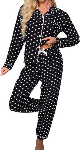 Verdusa Women's 2 Piece Polka Dots Cute Pajama Sets Long Sleeve Button Up Pajamas Pj Comfy Lounge Sets in Saudi Arabia