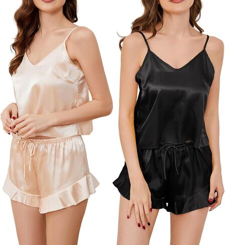 قطعتان من البيجامات الحريرية للنساء، ملابس داخلية من الساتان مع شورتات مكشكشة قابلة للتعديل وقمصان داخلية in Kuwait