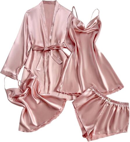 GORGLITTER Women's Silk Pajamas Set 4pcs with Robe Shorts Lounge Sets Pants Sleepwear in Saudi Arabia