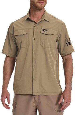 H HYFOL Men's Fishing Shirts Short Sleeve Work Shirts Sun Protection Hiking Button Down Shirts with 1776 USA Flag Graphic in Kuwait