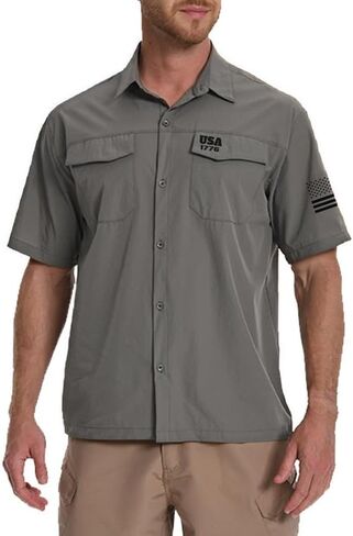 H HYFOL Men's Fishing Shirts Short Sleeve Work Shirts Sun Protection Hiking Button Down Shirts with 1776 USA Flag Graphic in Saudi Arabia