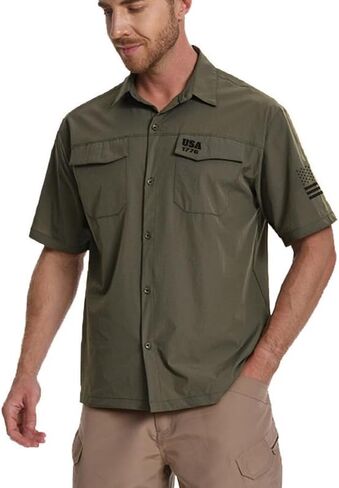 H HYFOL Men's Fishing Shirts Short Sleeve Work Shirts Sun Protection Hiking Button Down Shirts with 1776 USA Flag Graphic in Saudi Arabia
