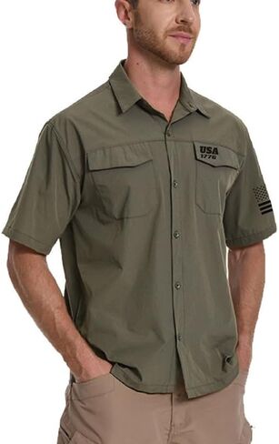 H HYFOL Men's Fishing Shirts Short Sleeve Work Shirts Sun Protection Hiking Button Down Shirts with 1776 USA Flag Graphic in Saudi Arabia