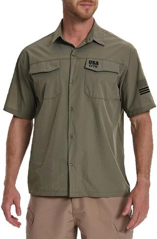 H HYFOL Men's Fishing Shirts Short Sleeve Work Shirts Sun Protection Hiking Button Down Shirts with 1776 USA Flag Graphic in Saudi Arabia