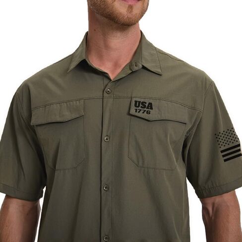 H HYFOL Men's Fishing Shirts Short Sleeve Work Shirts Sun Protection Hiking Button Down Shirts with 1776 USA Flag Graphic in Saudi Arabia