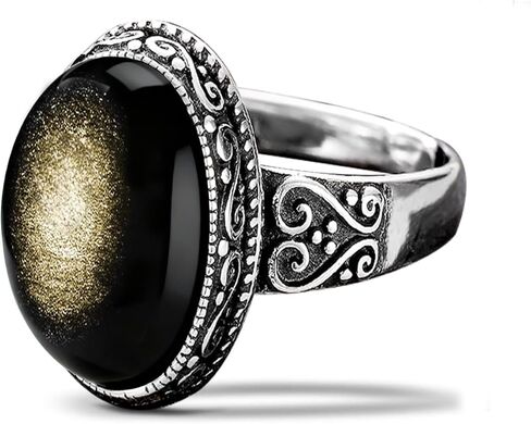 Sterling Silver Oval Obsidian Ring, Boho Bohemian Statement Gemstone Jewelry for Women, Retro Style in Kuwait