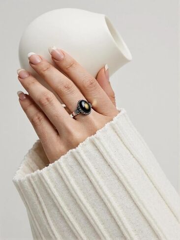 Sterling Silver Oval Obsidian Ring, Boho Bohemian Statement Gemstone Jewelry for Women, Retro Style in Saudi Arabia