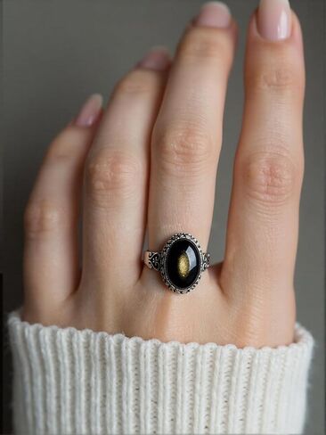 Sterling Silver Oval Obsidian Ring, Boho Bohemian Statement Gemstone Jewelry for Women, Retro Style in Saudi Arabia
