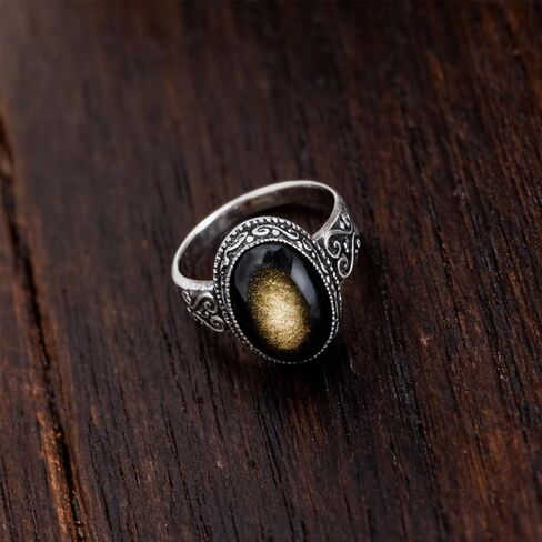 Sterling Silver Oval Obsidian Ring, Boho Bohemian Statement Gemstone Jewelry for Women, Retro Style in Saudi Arabia