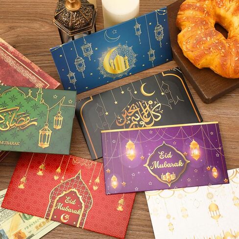 JULMELON 24 Pcs Eid Mubarak Envelopes Eid Gifts Cards Holders 6 Styles Ramadan Pocket Envelope for Money Islamic Muslim Ramadan Mubarak Cards for Kids Gifts(6.5 x 3.5 in) in Kuwait