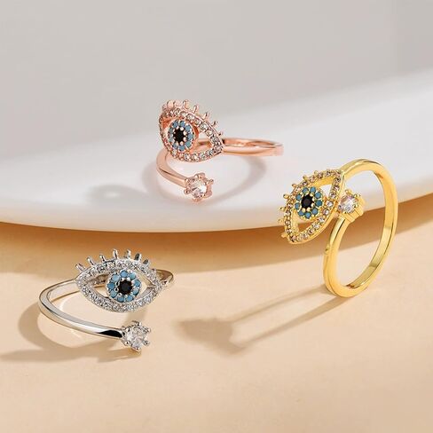 CZ Evil Eye Statement Ring for Women Cubic Zirconia Adjustable Open Band Finger Rings Fashion Anniversary Birthday Party Jewelry Gifts in Saudi Arabia