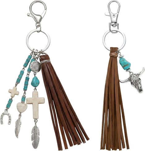 2Pcs Western Keychain For Women, Turquoise Keychain, Good Luck Tassel Beaded, Westerns Bag Charms Suitable for Western Themed Outfits and Accessories in Saudi Arabia