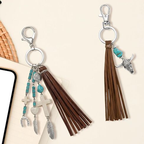 2Pcs Western Keychain For Women, Turquoise Keychain, Good Luck Tassel Beaded, Westerns Bag Charms Suitable for Western Themed Outfits and Accessories in Saudi Arabia