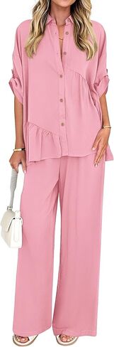 KIRUNDO Two Piece Sets for Women Spring Outfits 2026 Summer Dressy Casual Button Down Shirt Wide Leg Pants Lounge Set in Saudi Arabia