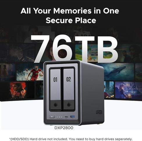 UGREEN NASync DXP2800 2-Bay Desktop NAS، وحدة المعالجة المركزية Intel N100 رباعية النواة، ذاكرة الوصول العشوائي DDR5 سعة 8 جيجابايت، 2.5 جيجابت، 2 * فتحات M.2 NVMe، 4K HDMI، وحدة تخزين متصلة بالشبكة (بدون أقراص) in Kuwait