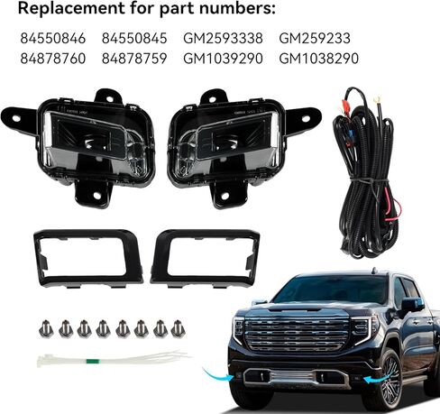 GM1039290 GM1038290 LED Fog Light Assembly 5pcs with Wire Harness Front Bumper Lamp Assembly with Bulbs Cover Bezels for 2022 2023 2024 GMC Sierra 1500 Replace# GM2593338 GM2592338 GM259233 84878759 in Kuwait