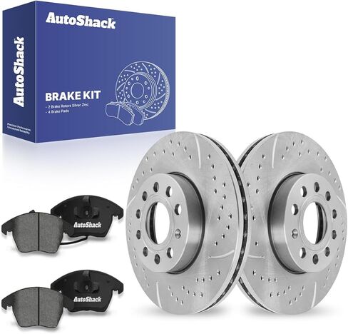 AutoShack Front Vented Drilled & Slotted Silver Zinc Coated Brake Rotors + Ceramic Pads 6-PC Brake Kit Replacement for 2005-2018 Volkswagen Jetta 2011-2013 Audi A3 SilverShield Pro 11.34" (288 mm) in Saudi Arabia