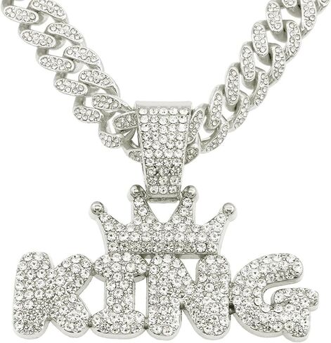 20Inch Cuban Link Chain for Men,Silver Plated Bling Hip Hop Necklace,Miami Diamond KING Pendant Necklace,Iced Out Hip Hop Jewelry Gift for Men & Women in Kuwait