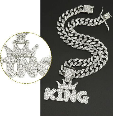 20Inch Cuban Link Chain for Men,Silver Plated Bling Hip Hop Necklace,Miami Diamond KING Pendant Necklace,Iced Out Hip Hop Jewelry Gift for Men & Women in Kuwait
