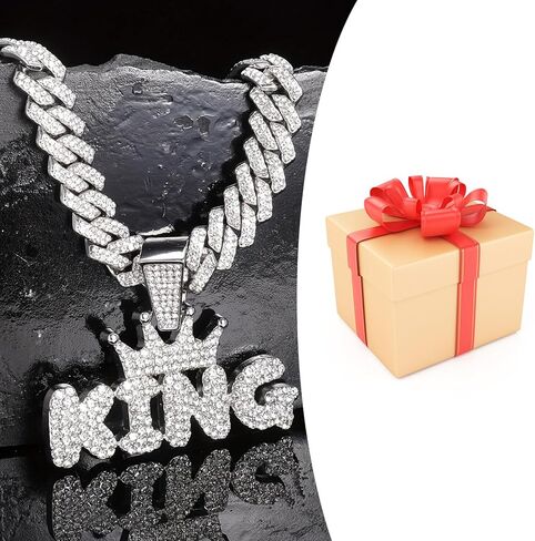 20Inch Cuban Link Chain for Men,Silver Plated Bling Hip Hop Necklace,Miami Diamond KING Pendant Necklace,Iced Out Hip Hop Jewelry Gift for Men & Women in Kuwait
