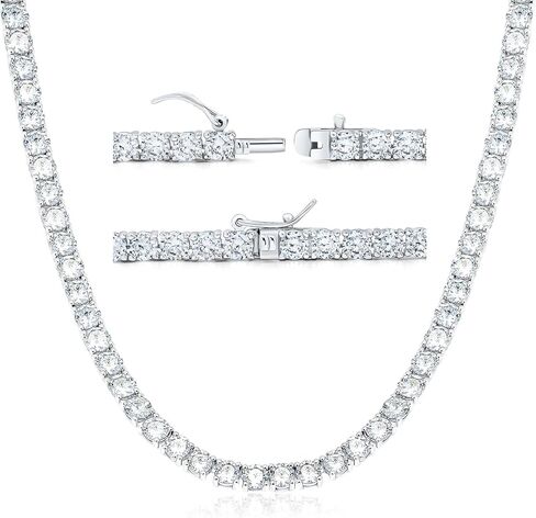 قلادة التنس 18 قيراط مطلية بالذهب الأبيض 5A 4.0 مم سلسلة من الألماس الصناعي المستدير من الزركونيوم للنساء والرجال 22 بوصة 4 شوكة (هدية سلسلة التنس) in Kuwait